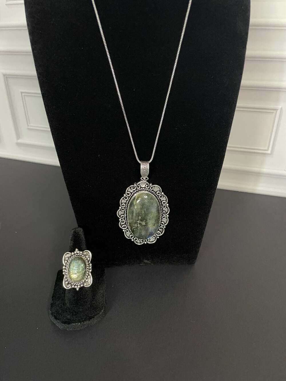 Labradorite Oval Gemstone Ring and Pendant Necklace Set in German Silver